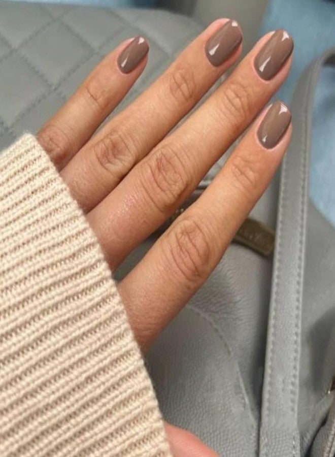 KQueenest Taupe Press on Nails Short Squoval Solid Color Glue on Nails Short Fit & Natural Small Gel Fake Nails Press on Reusable Acrylic Nails Set in 24 Pcs - Image 1